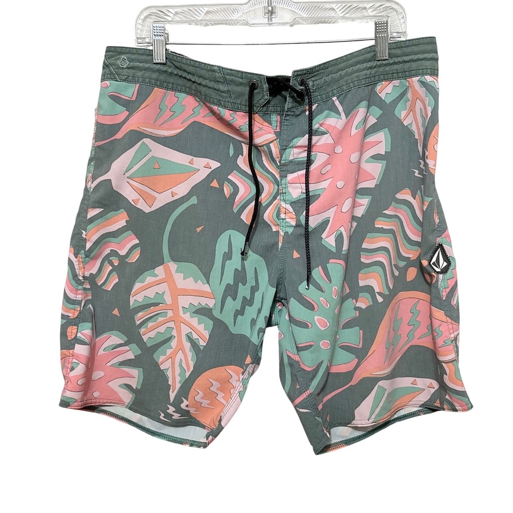 Volcom Mod-Tech Mens Green Tropical Monstera Print Board‎ Shorts Swim Trunks 36